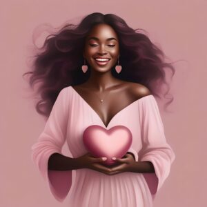 A radiant Black woman in a flowing pink dress holding a glowing heart, symbolizing self-care, love, and heart health.