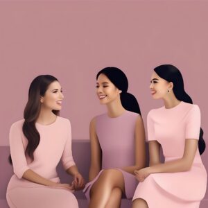 Three women sitting together in soft pink dresses, smiling and engaging in a warm conversation, representing open discussions about menopause.