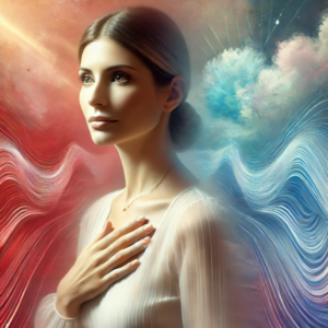 A serene woman with her hand on her heart, surrounded by flowing energy waves in red and blue, symbolizing emotional balance and self-discovery during menopause.