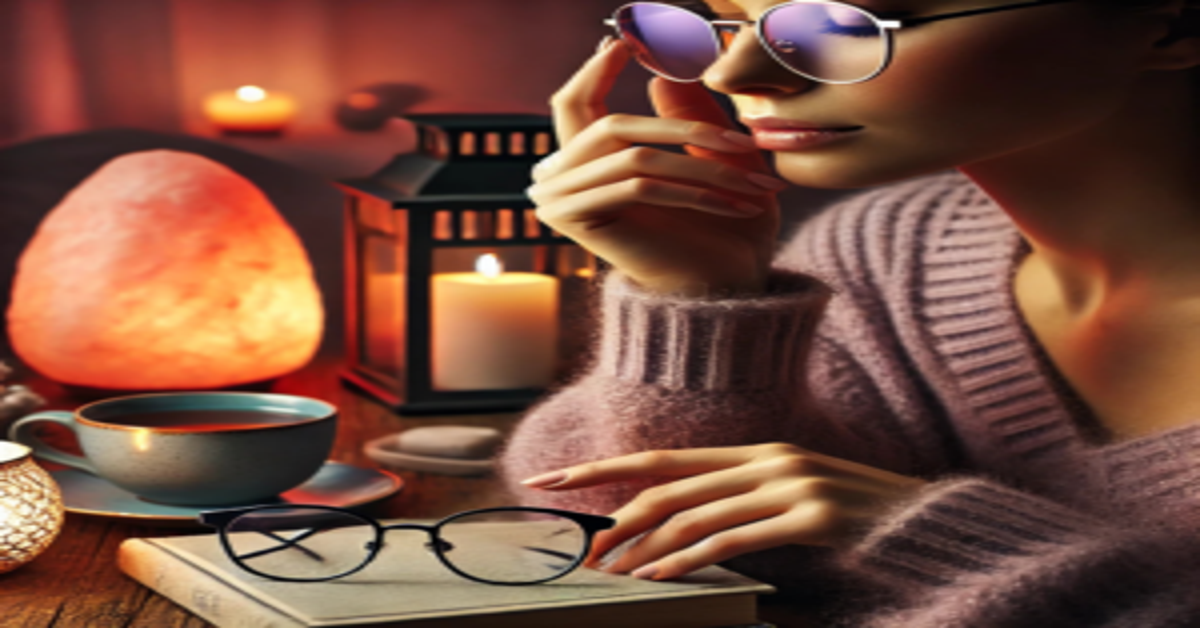 A woman wearing blue light blocking glasses, surrounded by warm candlelight and a salt lamp, promoting a sleep-friendly environment.