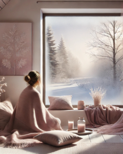 A woman wrapped in a soft pink blanket sits by a frosty window, gazing at a peaceful winter landscape with snow-covered trees, candles, and cozy decor around her.