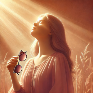 A serene woman enjoying the morning sunlight, holding sunglasses in her hand, symbolizing the benefits of natural light for hormone balance and energy.