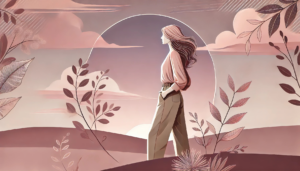 Illustration of a woman walking in nature, symbolizing growth, resilience, and transformation in midlife.