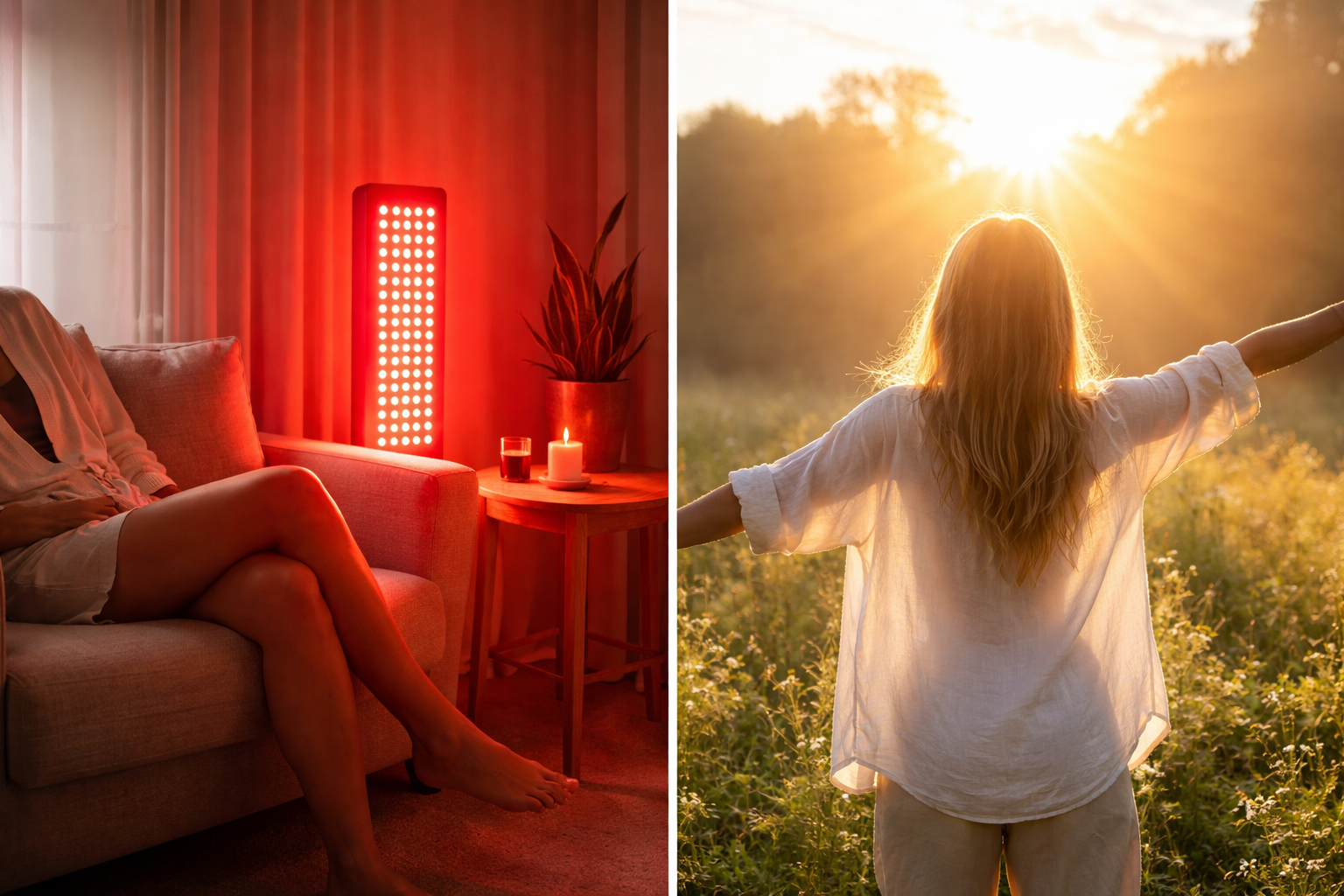 Split image showing red light therapy indoors on one side and a woman standing outdoors in natural sunlight on the other, illustrating red light versus sunlight.