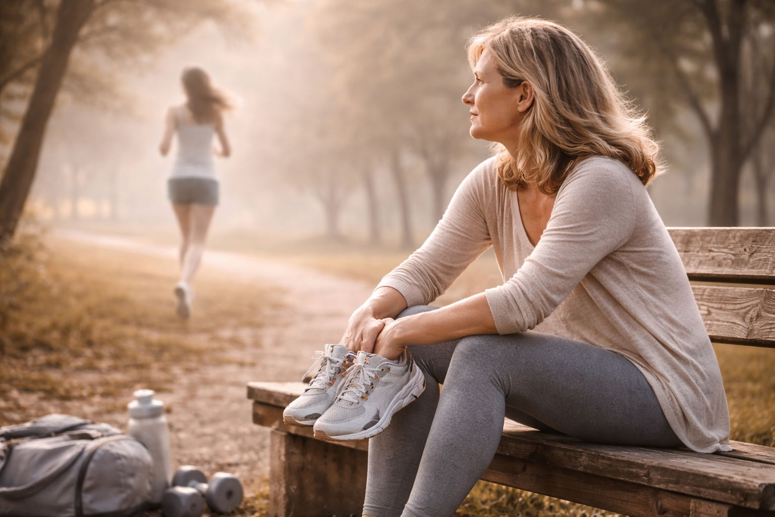 Middle aged woman sitting on a park bench holding running shoes while her younger self jogs in the background, symbolizing chasing the ghost of who she used to be in midlife.