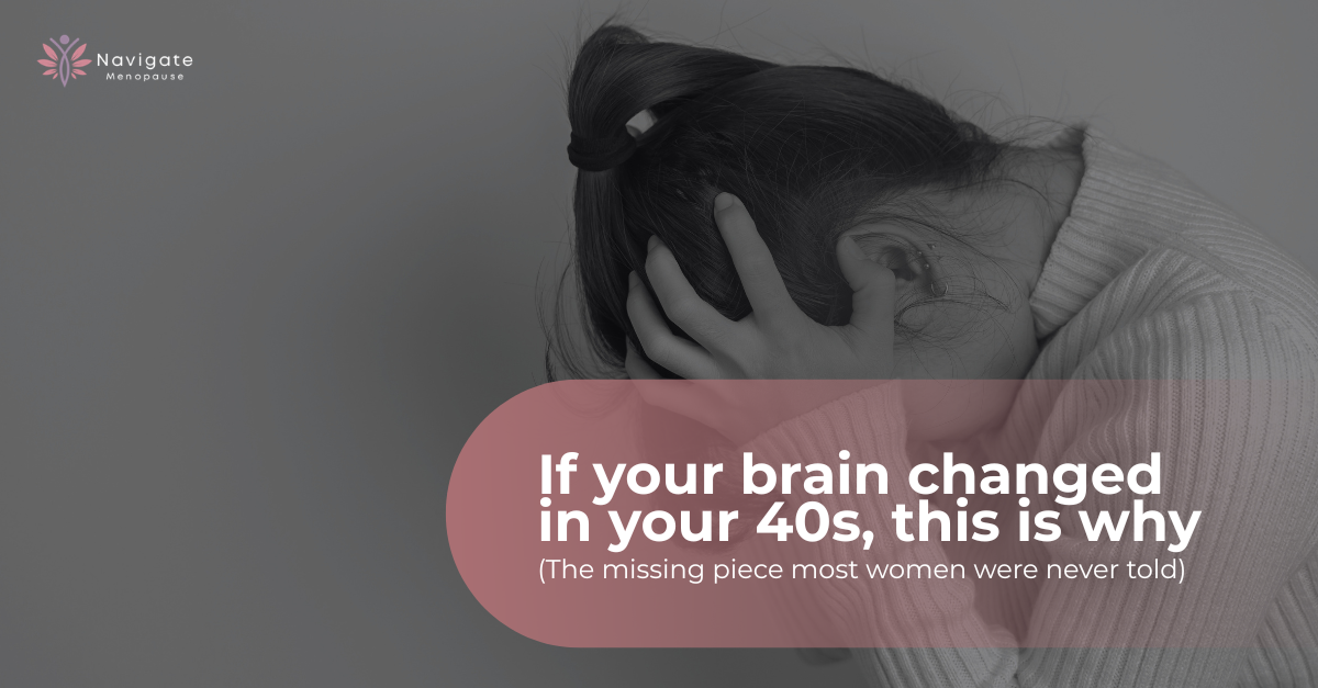 Midlife woman looking thoughtful, representing brain fog, memory issues, and focus challenges caused by declining estrogen levels during perimenopause